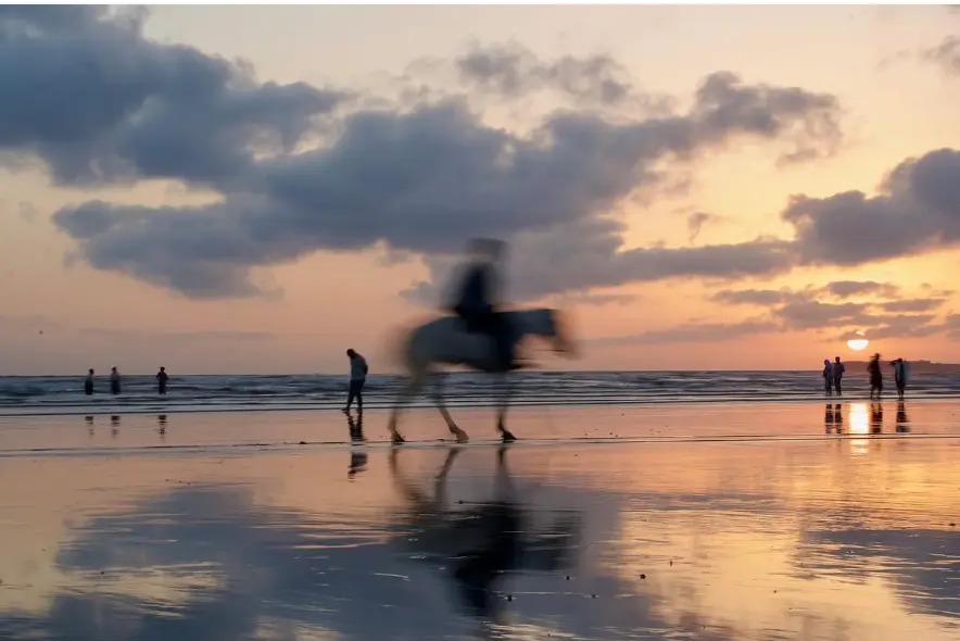 Horse and rider blurred in motion against a golden sunset in Karachi, Pakistan
