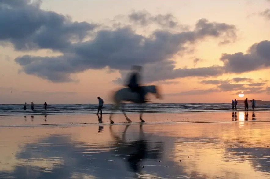 Horse and rider blurred in motion against a golden sunset in Karachi, Pakistan