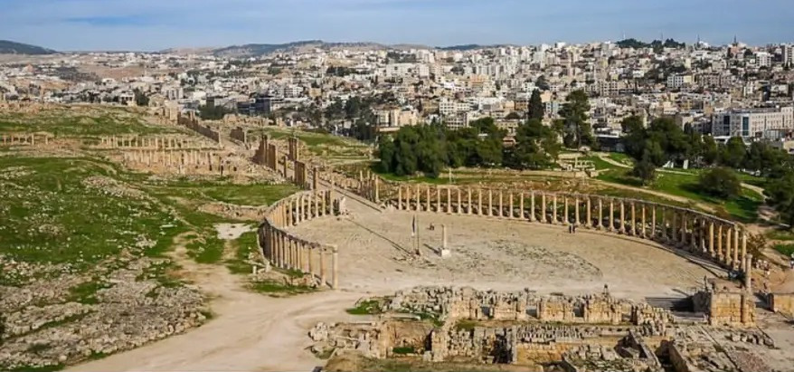 Oval Plaza and colonnade of the Roman city of Jerash, Jordan