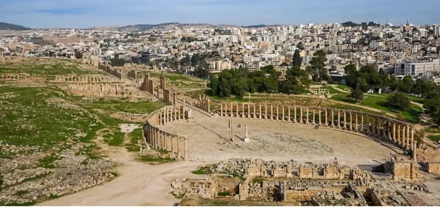 Oval Plaza and colonnade of the Roman city of Jerash, Jordan