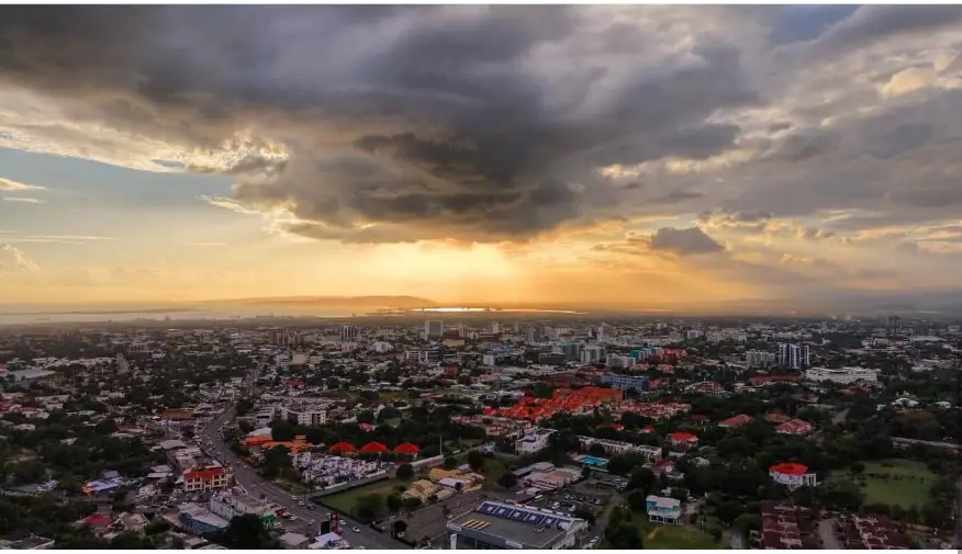 Storm clouds and sunset over the city of Kingston, Jamaica