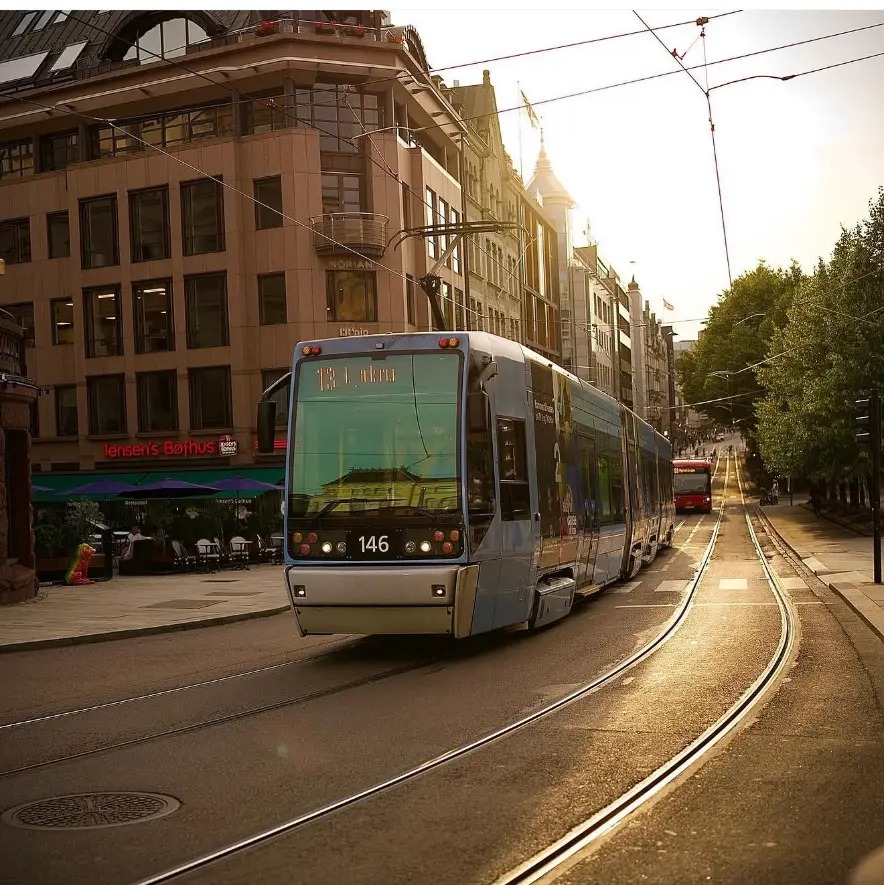 Tram curving along wet tracks in golden evening light