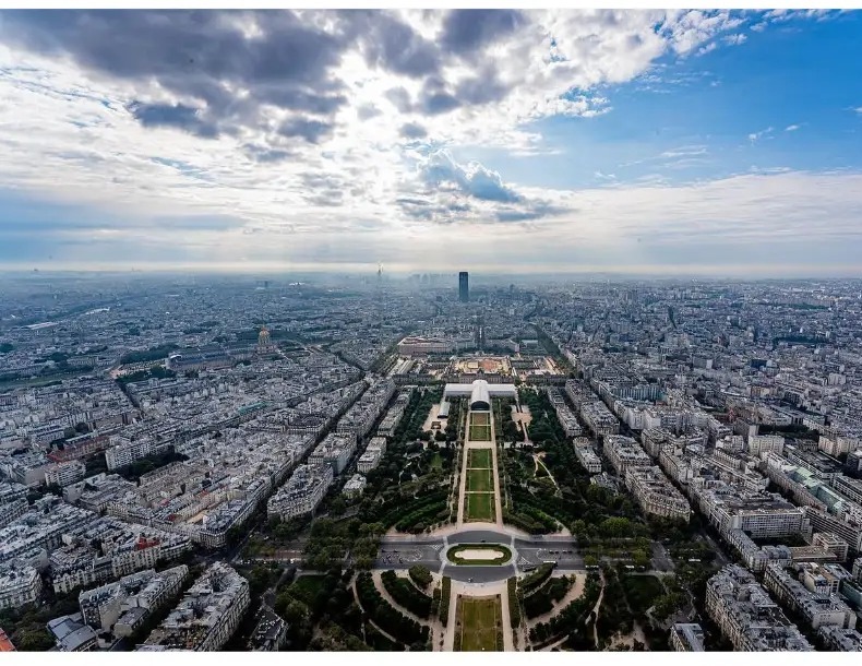 Aerial view over the Champ de Mars and the rooftops of Paris from the Eiffel Tower, France