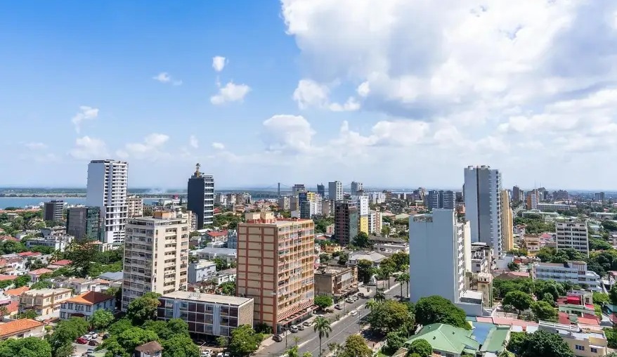 View over the rooftops and towers of Maputo toward the Indian Ocean, Mozambique