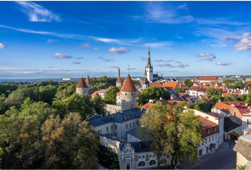 Towers and red rooftops of Tallinn Old Town with the Baltic Sea behind, Estonia